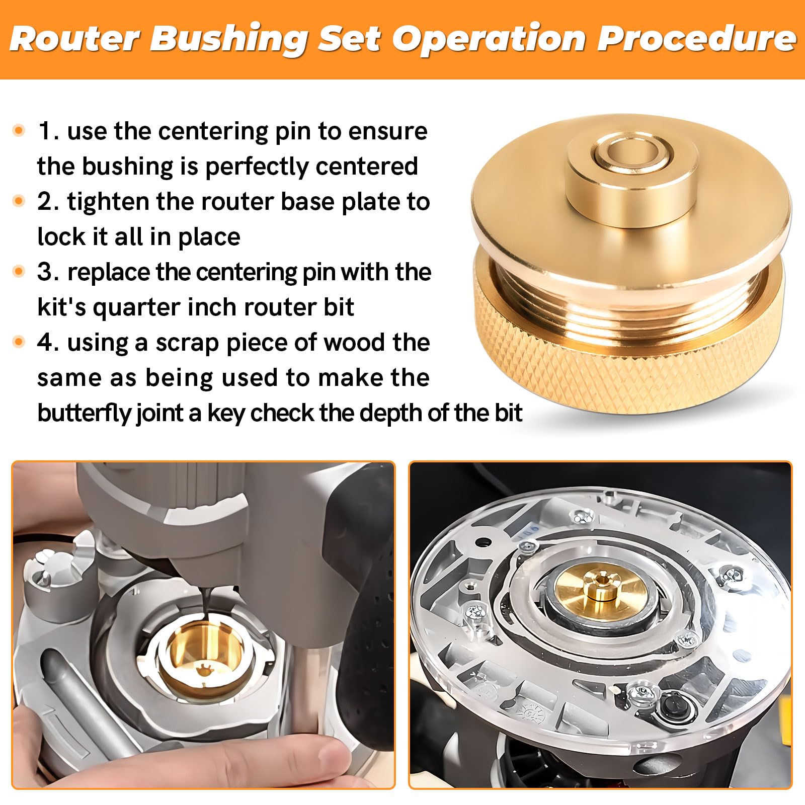 71333 Router Bits Solid Brass Inlay Kit for 1/4 Templates for High RPM Routing, Includes 1/8" Carbide Router Bit/Cutter + 1/4" Shank, Universal Bushing, Retainer Nut, Collar and Alignment Pin