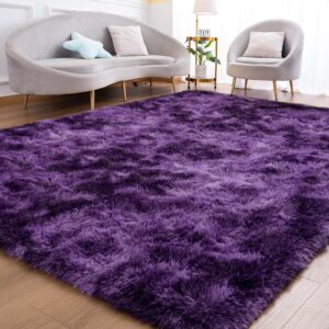 goideal fluffy area rug for living room bedroom, 4 x 6 tie-dyed grape purple rug fuzzy non-slip modern carpet ultra soft faux fur rugs for dorm kids room home decor