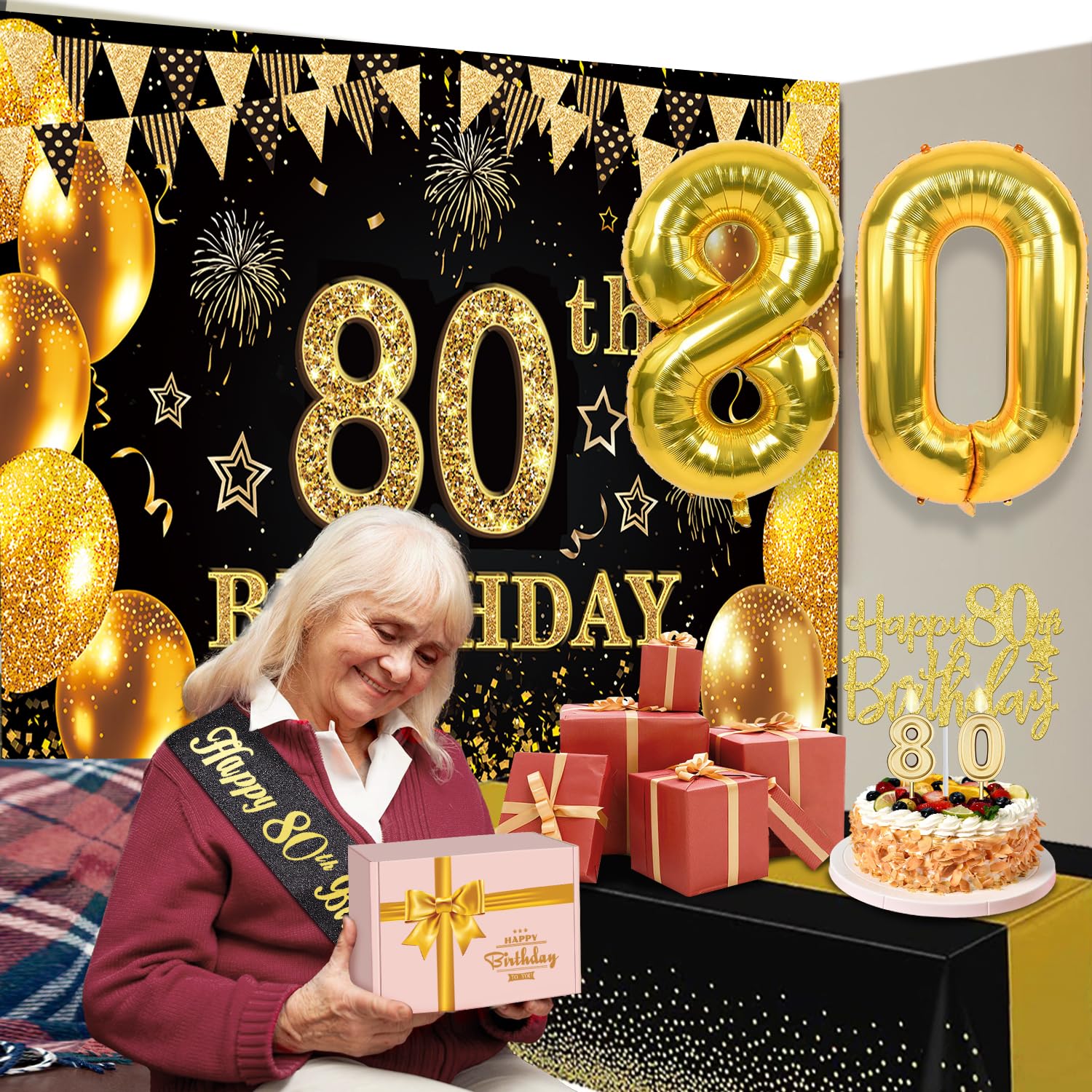 80th Birthday Decorations Men Women with 80th Birthday Banner, Black and Gold Table Cloth, 80 Number Balloons, 80th Birthday Sash, 80th Birthday Cake Topper and 80th Birthday Candles