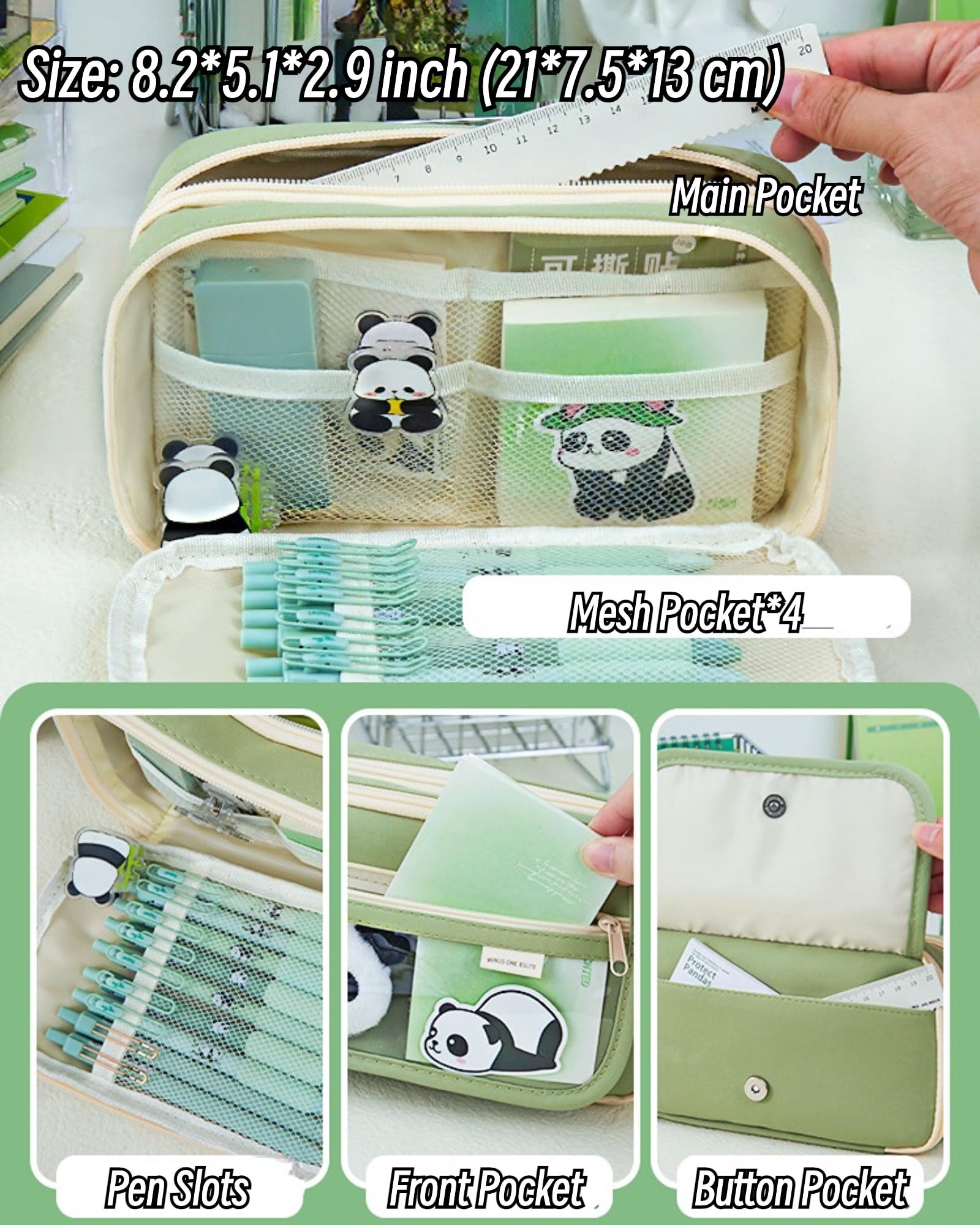 Ecqizer 10Pcs Cute Panda Pencil Case Large Capacity for Adults Aesthetic Pencil Case Kawaii Pencil Pouch Cute With Zipper Preppy Pen Bag With Gel Ink Pens, Clips, Stickers, Pin (Black)