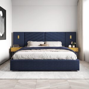 deinppa luxury bed frame with built-in gold led lights and nightstands, king size platform bed with oversize upholstered headboard, no box spring needed-royal blue