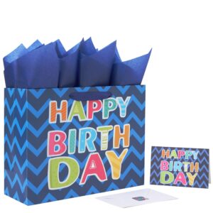 13" large blue gift bag set with greeting card and white tissue papers (laser foil 'happy birthday') for men's birthday party, boys' or kids' parties, baby shower, baby boy - 13”x5.2”x10.2”, 1 pcs.