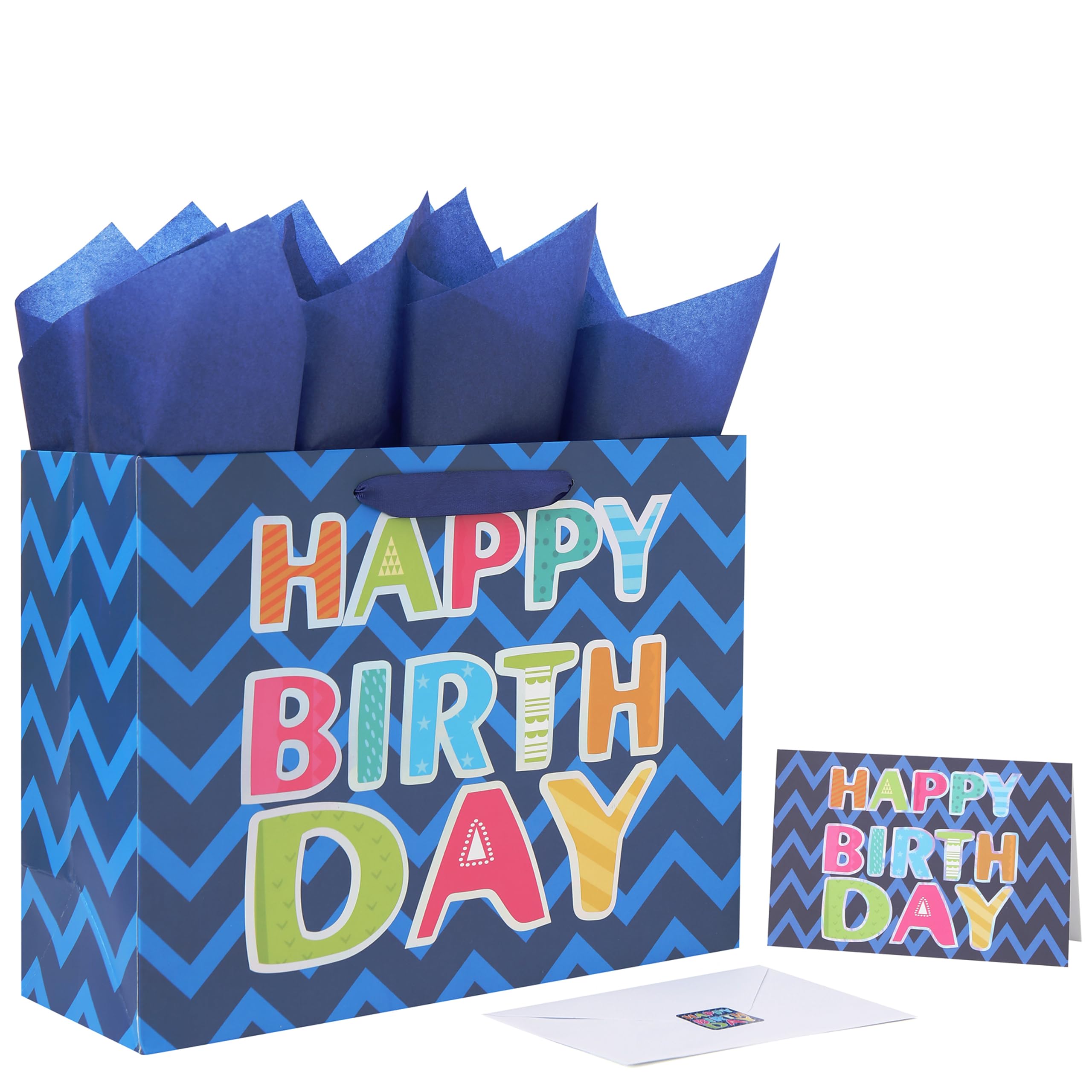 13" Large Blue Gift Bag Set with Greeting Card and White Tissue Papers (Laser Foil 'Happy Birthday') for Men's Birthday Party, Boys' or Kids' Parties, Baby Shower, Baby Boy - 13”x5.2”x10.2”, 1 Pcs.