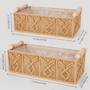 Primepoch Macrame Storage Baskets With Wood Handles, Boho Style Versatile Shelf Basket bins, set of 2 (Khaki)