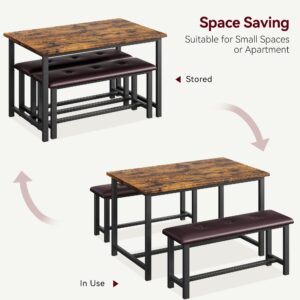 GAOMON Dining Table Set for 4, Kitchen Table with Benches, Rectangular Dining Room Table Set with 2 Upholstered Benches, 3 Piece Kitchen Table Set for Small Space, Apartment, Studio, Retro Brown