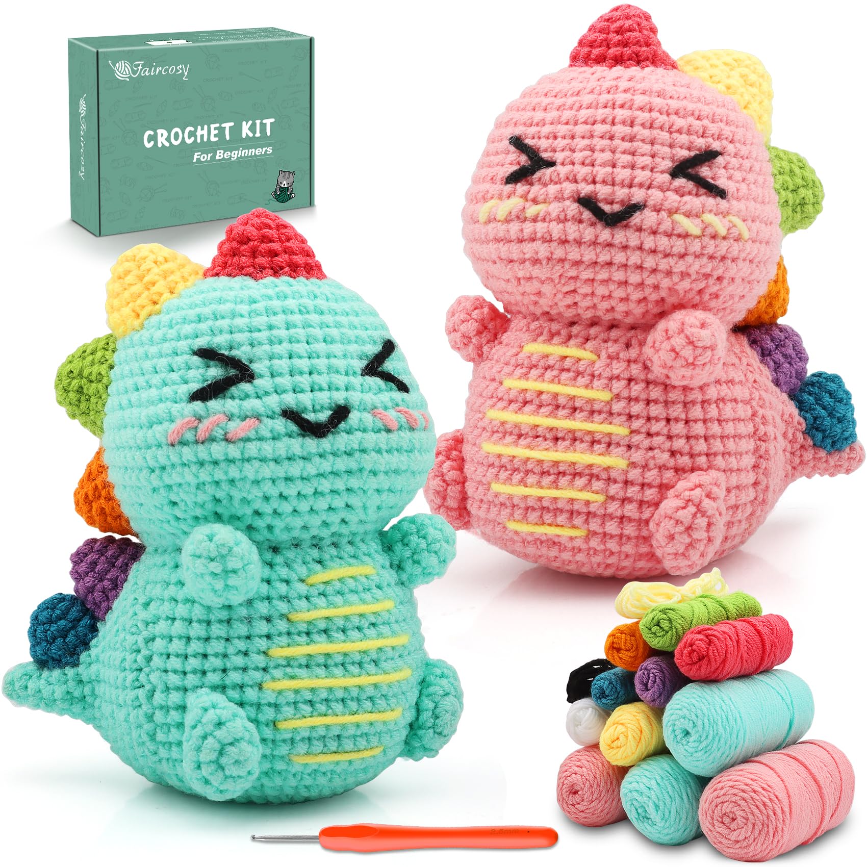 Faircosy Dinosaur Crochet Kit for Beginners: 2PCS Crochet Animal Kits for Kids & Adults - Learn to Crocheting Cute Amigurumi Starter Kit with Written Pattern & Video Tutorials (40%+ Yarn Extra)