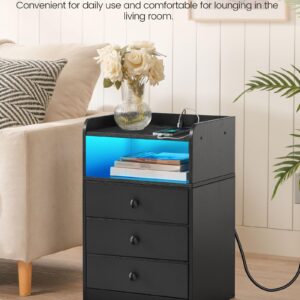 CHOEZON Nightstand with Charging Station and LED Light, Side Table with 3 Fabric Drawers Chest, End Table with USB Ports and Outlet, Bedside Table for Living Room, Bedroom, Black MBZ04UDBB