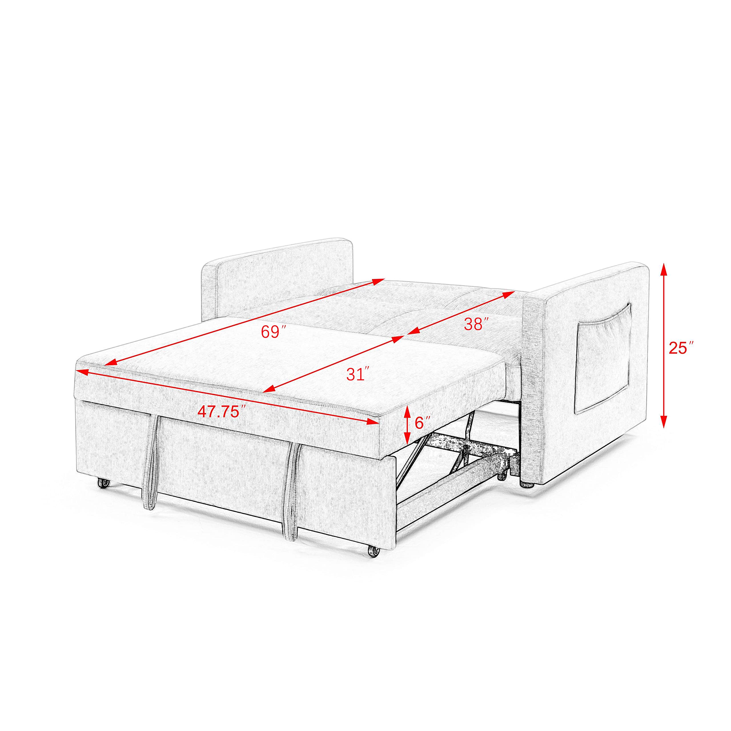 HomsSof Loveseats Sofa Bed Couch with Pull-Out Bed，Adjsutable Back and Two Arm Pocket,54.5"x33"x31.5",Grey