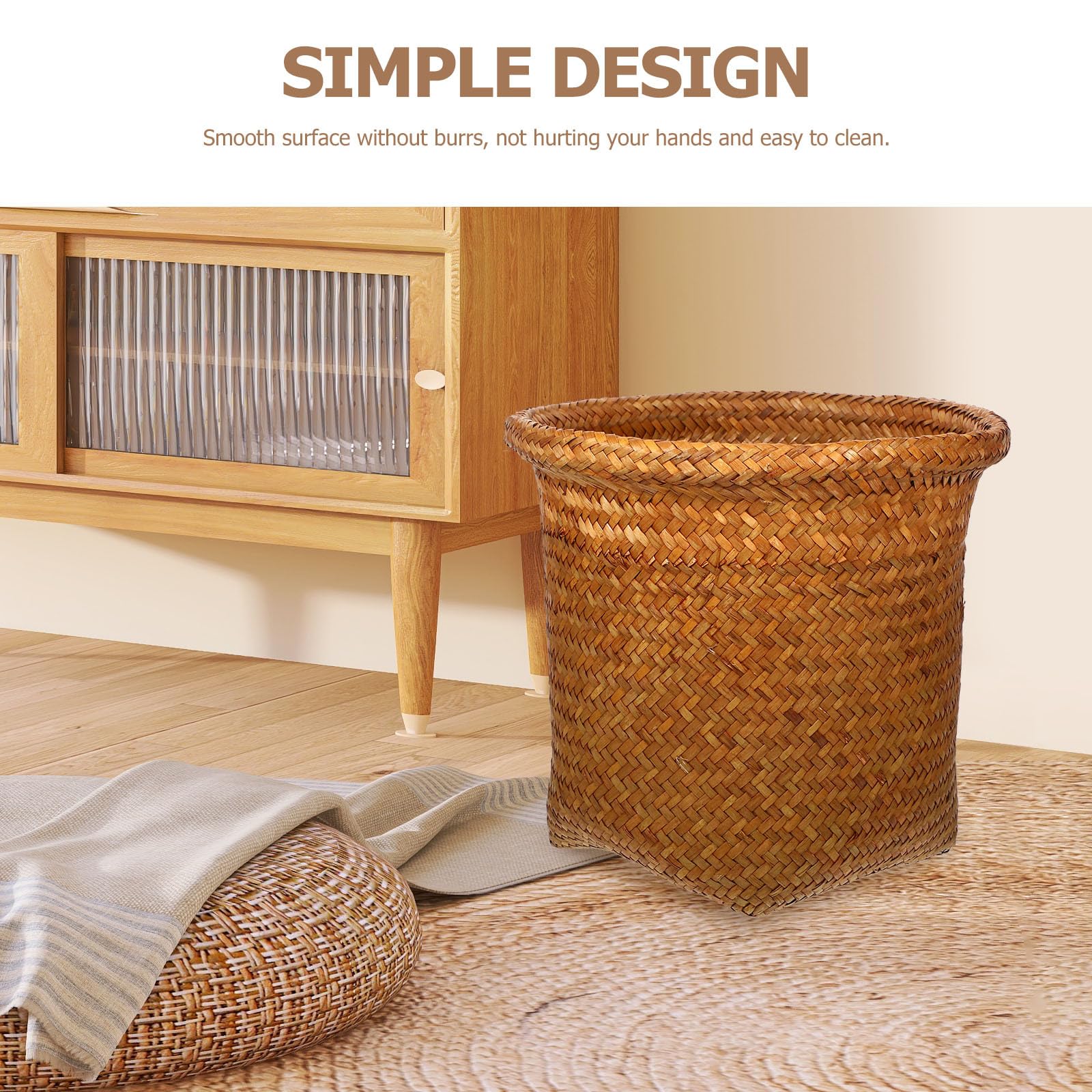 DEARMAMY Wicker Waste Basket Boho Woven Trash Can Garbage Container Bin Storage Basket Rattan Office Organizer Container Box Seagrass Planter for Bathroom