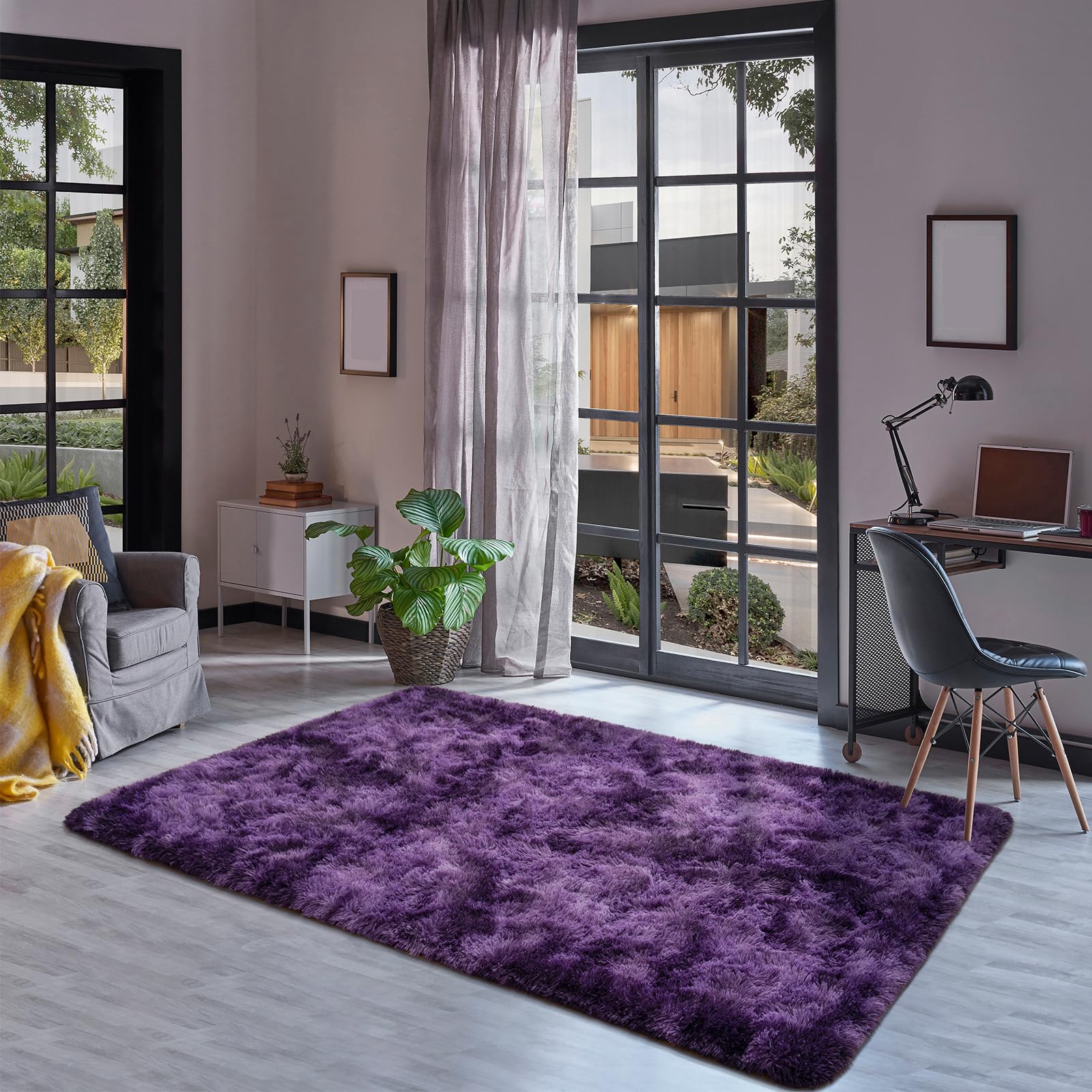 Goideal Fluffy Area Rug for Living Room Bedroom, 4 x 6 Tie-Dyed Grape Purple Rug Fuzzy Non-Slip Modern Carpet Ultra Soft Faux Fur Rugs for Dorm Kids Room Home Decor