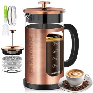 tecohors french press coffee maker 34oz / 1 quart 304 stainless steel coffee press,with 4 filters system, heat resistant thickness borosilicate glass, brewed coffee pot (copper)