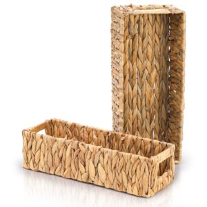 2 Pack Wicker Storage Baskets, Water Hyacinth Holder for Toilet Paper, Rectangular Natural Bins with Built-in Handles, Handwoven Organizer for Bathroom Kitchen Pantry Tank Top, 2 Sizes