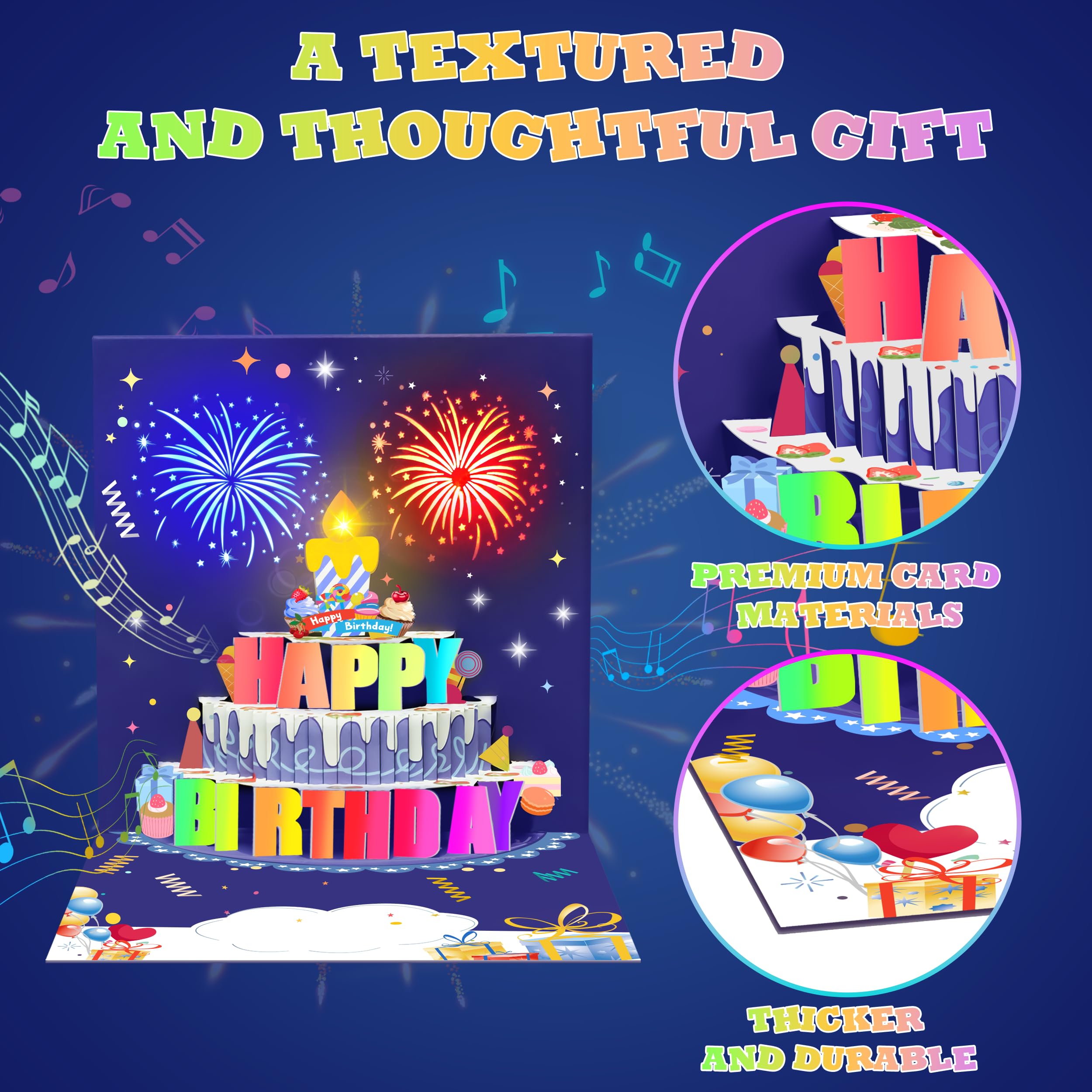 Lupow Pop up Birthday Cards,Musical Happy Birthday Card with Light Up Fireworks,Funny Birthday Gift Card for Women Men Husband Mom Kids Friend Grandpa and Grandma