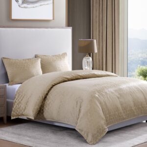 HiEnd Accents Honeycomb 3 Piece Super King Duvet Cover Set, Light Gold Metallic Jacquard Bedding Set, Classic Modern Contemporary Bed Set, 1 Comforter Cover and 2 Pillow Shams