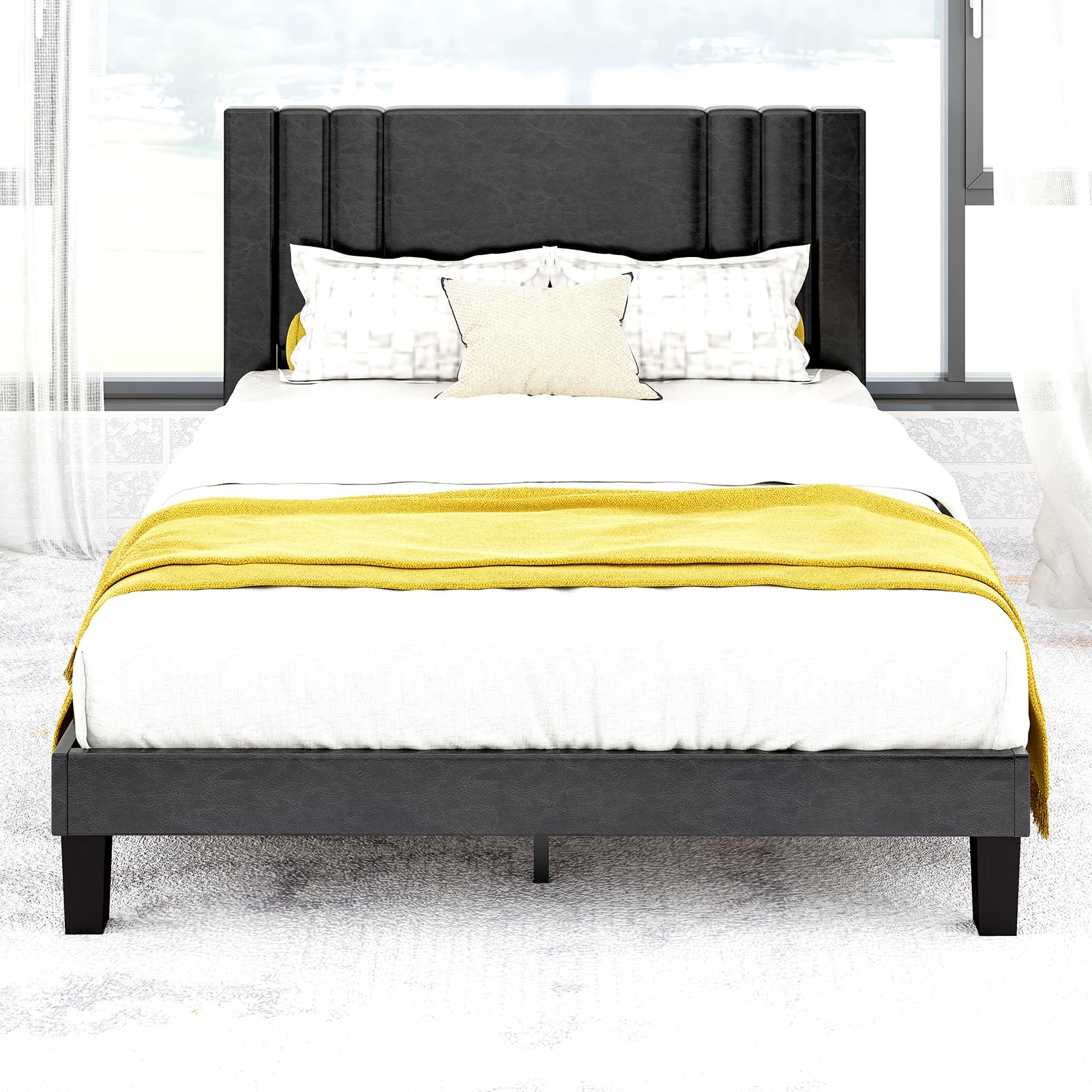 Queen Size Bed Frame, Faux Leather Upholstered Platform with Headboard (Black, Queen (U.S. Standard))