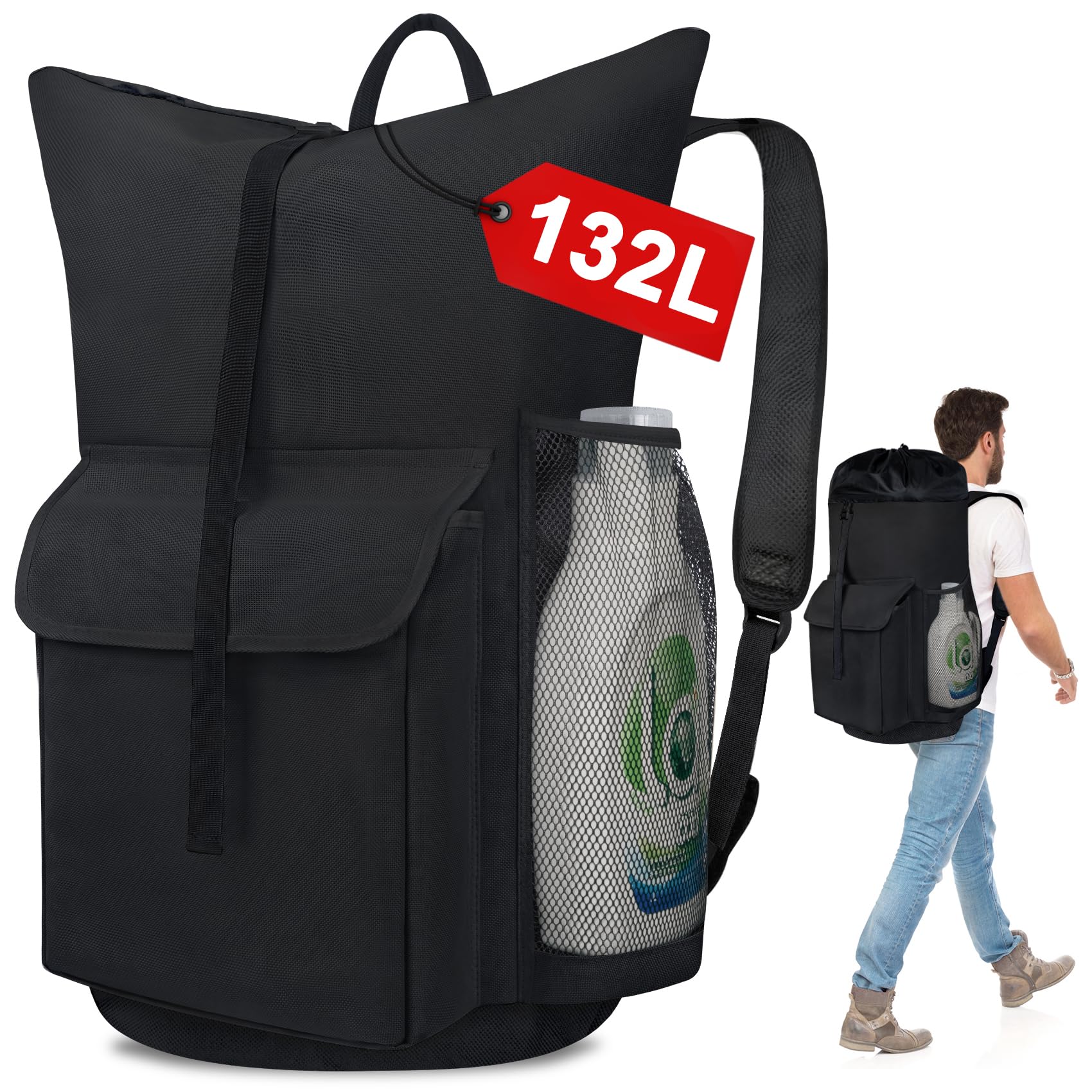 132L Laundry Bag Backpack College Extra Large Heavy Duty, Laundry Bag with Shoulder Straps for College Dorm Essentials, Large Laundry Backpack for Travel, Laundromat, Apartment, Black