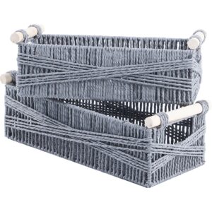 outbros 2-pack woven storage baskets,paper rope basket with wood handles, decorative boho desk wicker storage bins for shelves, organizer container, grey