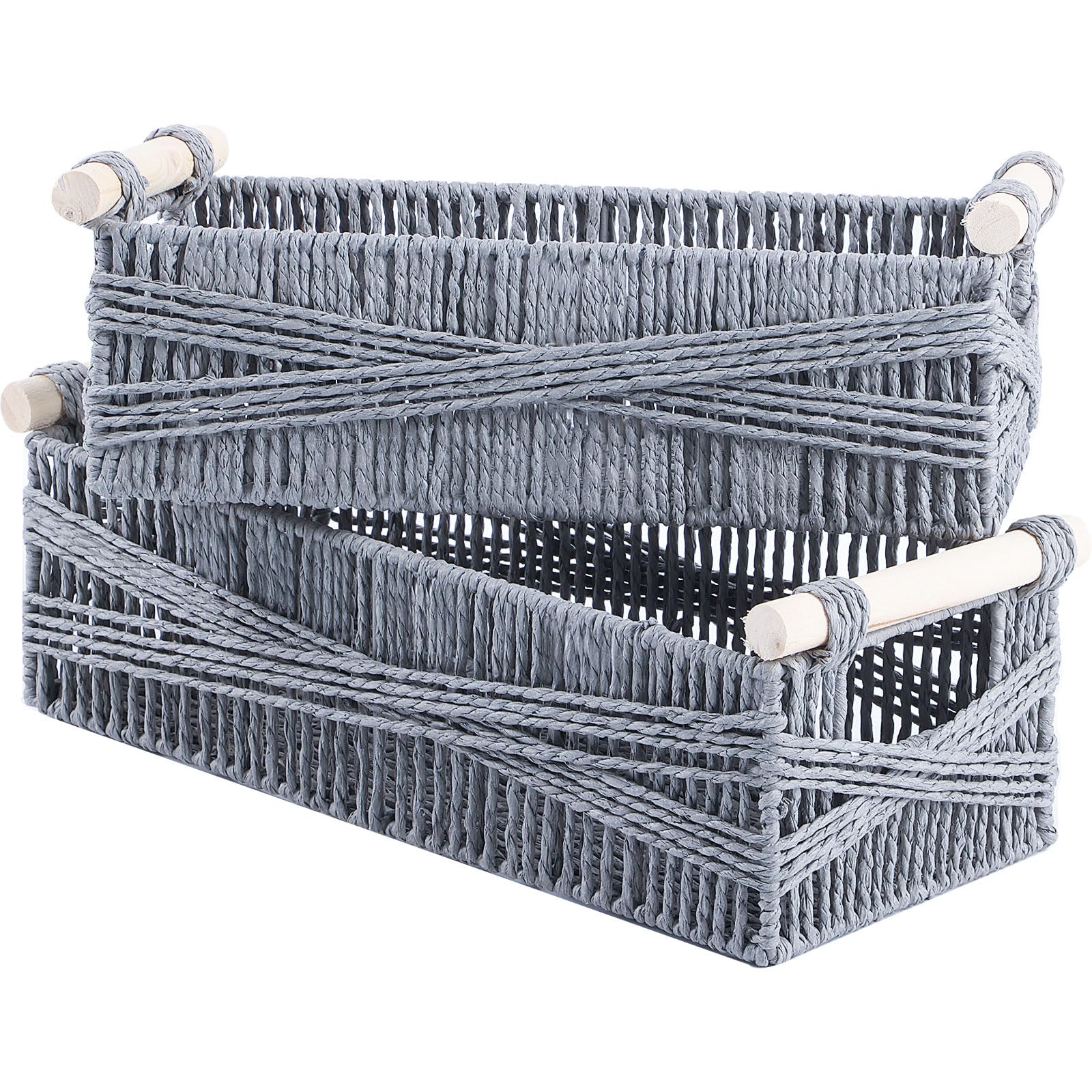 OUTBROS 2-Pack Woven Storage Baskets,Paper Rope Basket with Wood Handles, Decorative Boho Desk Wicker Storage Bins for Shelves, Organizer Container, Grey