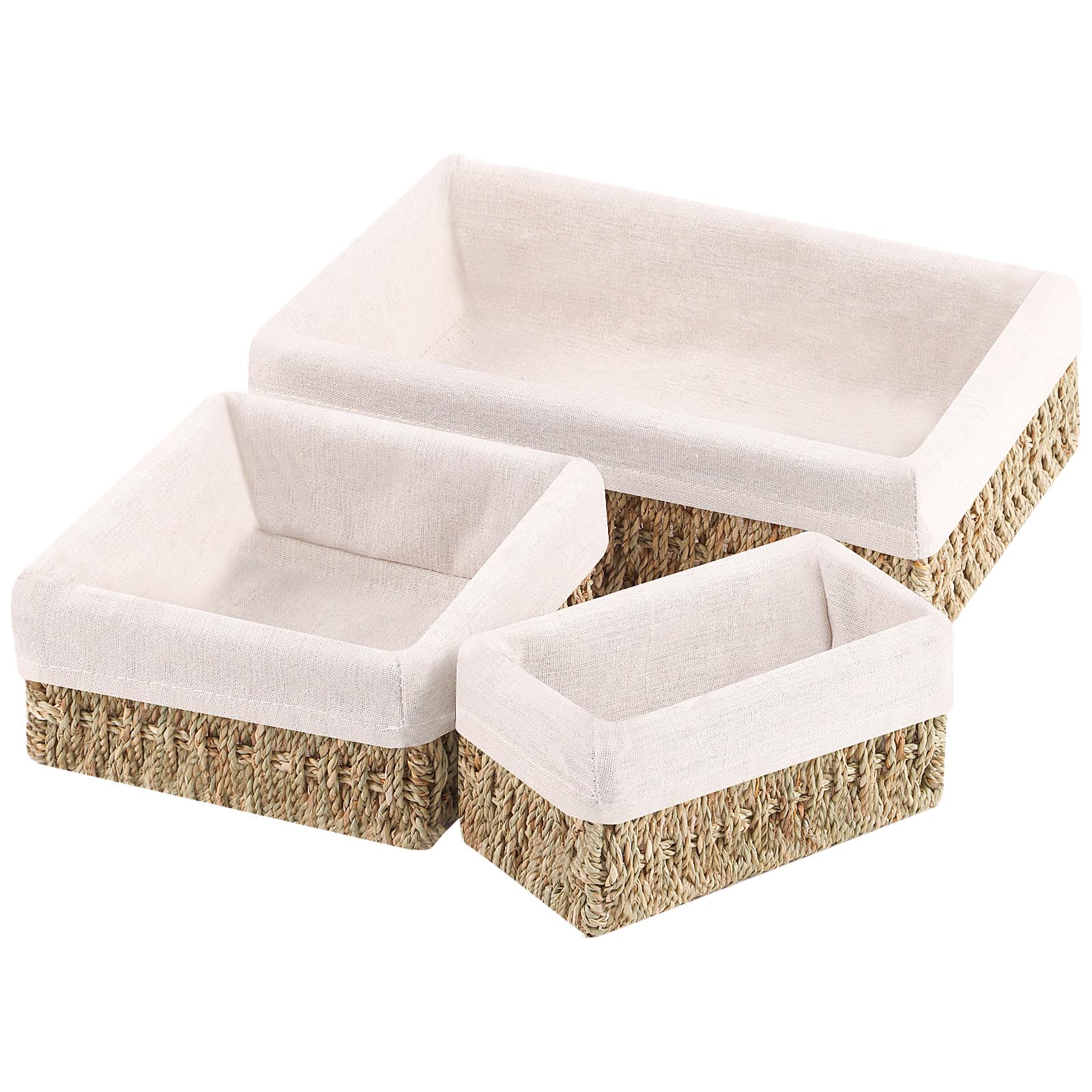 OUTBROS Wicker Storage Basket, Decorative Storage Baskets With Liner for Shelves,Toilet Paper Baskets,Storage Basket for Toilet Tank Top, 3-Pack,Seagrass