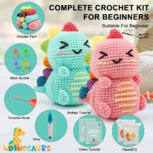 Faircosy Dinosaur Crochet Kit for Beginners: 2PCS Crochet Animal Kits for Kids & Adults - Learn to Crocheting Cute Amigurumi Starter Kit with Written Pattern & Video Tutorials (40%+ Yarn Extra)