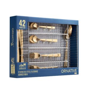 ORNATIVE - Alicja Silverware Set W/BUF with Drawer Organizer & Service for 8, Set Includes Knives, Forks & Spoons for Home, Kitchen & Restaurant, 18/0 Stainless Steel & Dishwasher Safe - 42 Pcs, Gold