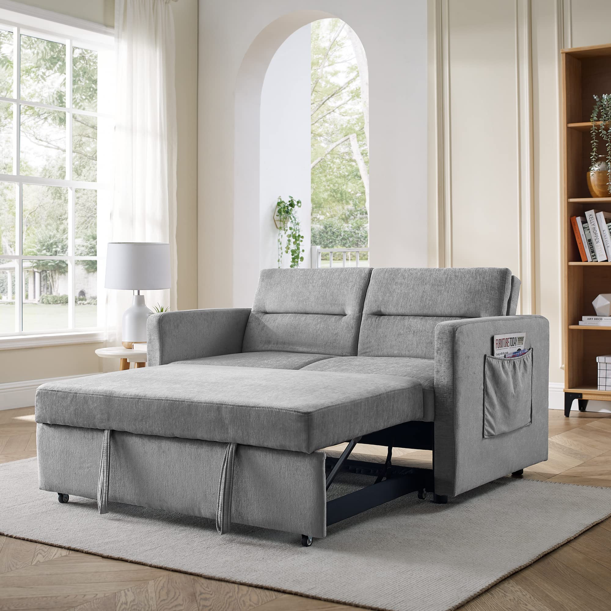 HomsSof Loveseats Sofa Bed Couch with Pull-Out Bed，Adjsutable Back and Two Arm Pocket,54.5"x33"x31.5",Grey