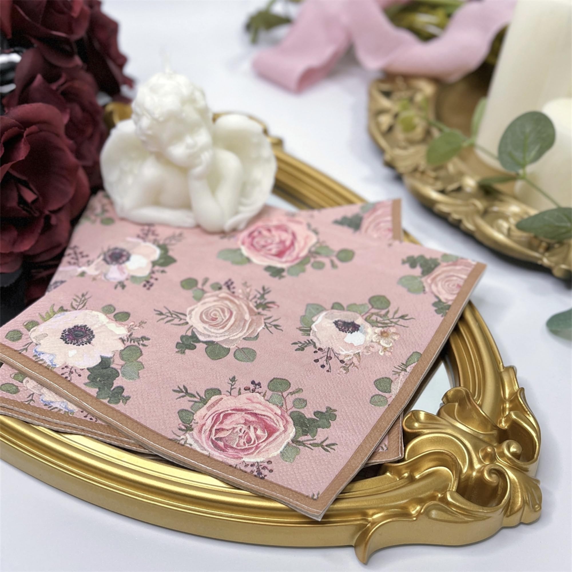 Besalily Pinkish Flowery Paper Napkins Disposable Decorative Fancy Napkins Paper for Wedding Valentine Anniversary Bridal Shower Guest (20-Count/33x33cm/3-Ply)