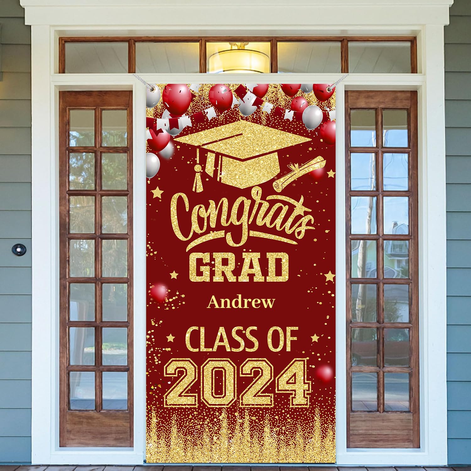 XHCYGWY Maroon and Gold Graduation Decorations Class of 2024 Banner Personalized Graduation Door Cover with 52 Alphabets Stickers,Congrats Grad 2024 Graduation Party