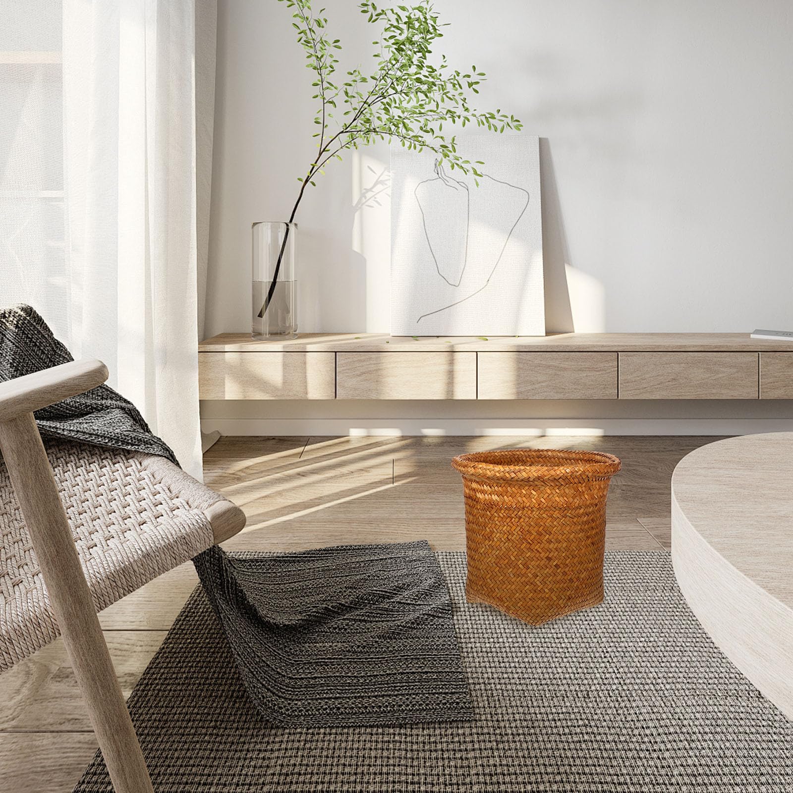 DEARMAMY Wicker Waste Basket Boho Woven Trash Can Garbage Container Bin Storage Basket Rattan Office Organizer Container Box Seagrass Planter for Bathroom