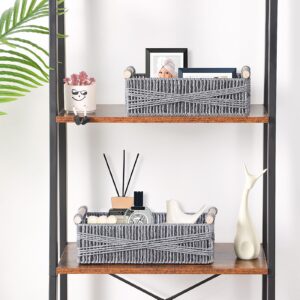 OUTBROS 2-Pack Woven Storage Baskets,Paper Rope Basket with Wood Handles, Decorative Boho Desk Wicker Storage Bins for Shelves, Organizer Container, Grey