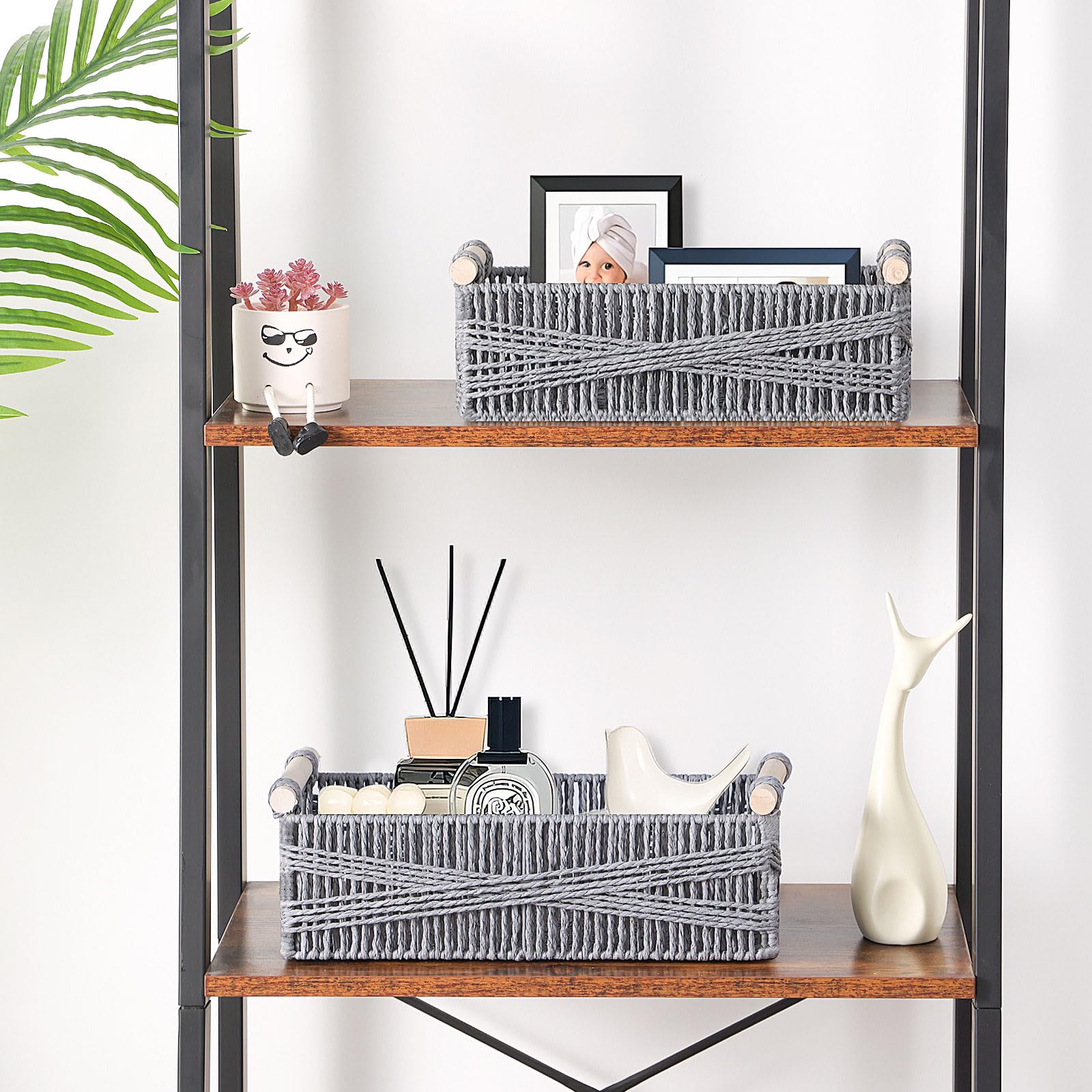 OUTBROS 2-Pack Woven Storage Baskets,Paper Rope Basket with Wood Handles, Decorative Boho Desk Wicker Storage Bins for Shelves, Organizer Container, Grey