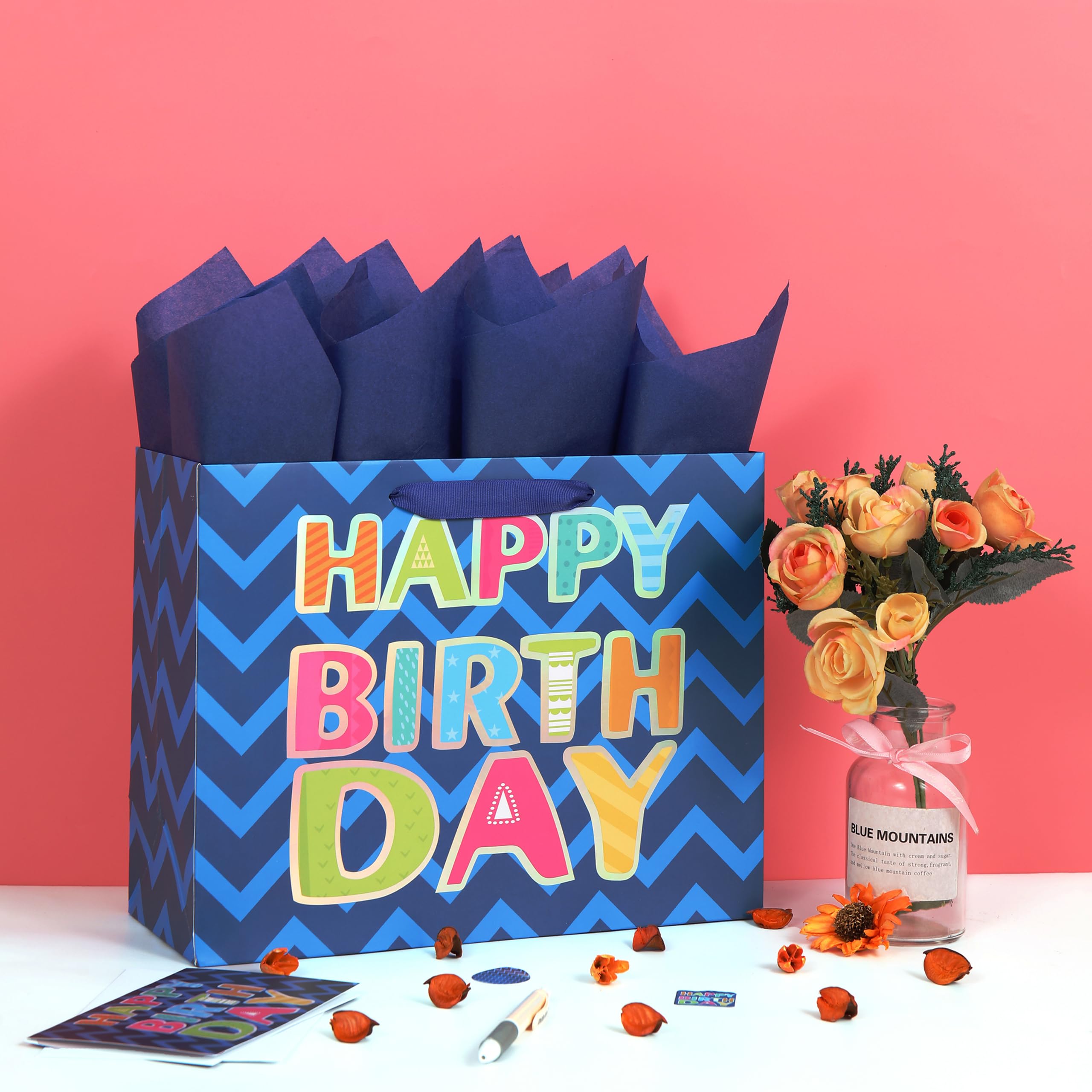 13" Large Blue Gift Bag Set with Greeting Card and White Tissue Papers (Laser Foil 'Happy Birthday') for Men's Birthday Party, Boys' or Kids' Parties, Baby Shower, Baby Boy - 13”x5.2”x10.2”, 1 Pcs.