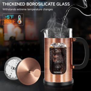 TECOHORS French Press Coffee Maker 34oz / 1 Quart 304 Stainless Steel Coffee Press,with 4 Filters System, Heat Resistant Thickness Borosilicate Glass, Brewed Coffee Pot (Copper)