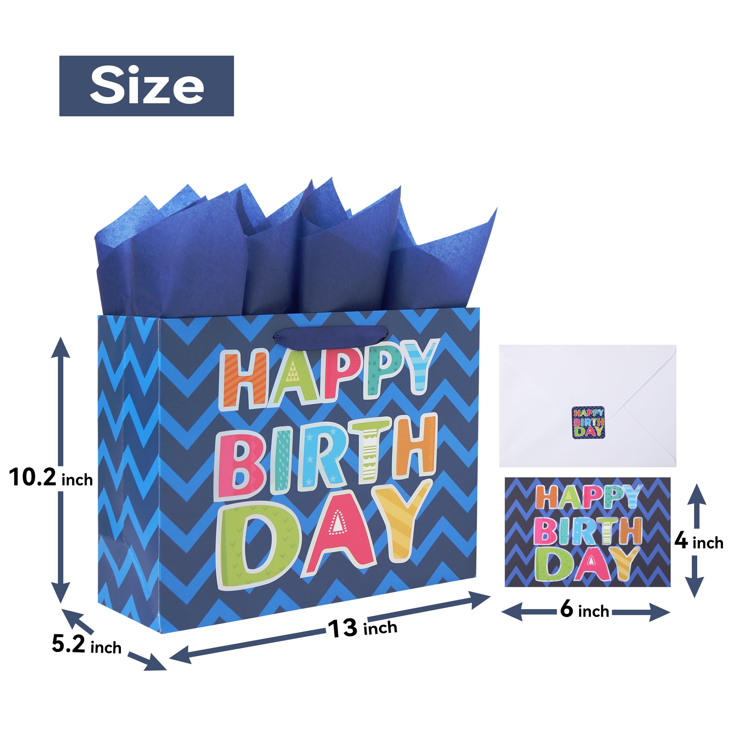 13" Large Blue Gift Bag Set with Greeting Card and White Tissue Papers (Laser Foil 'Happy Birthday') for Men's Birthday Party, Boys' or Kids' Parties, Baby Shower, Baby Boy - 13”x5.2”x10.2”, 1 Pcs.