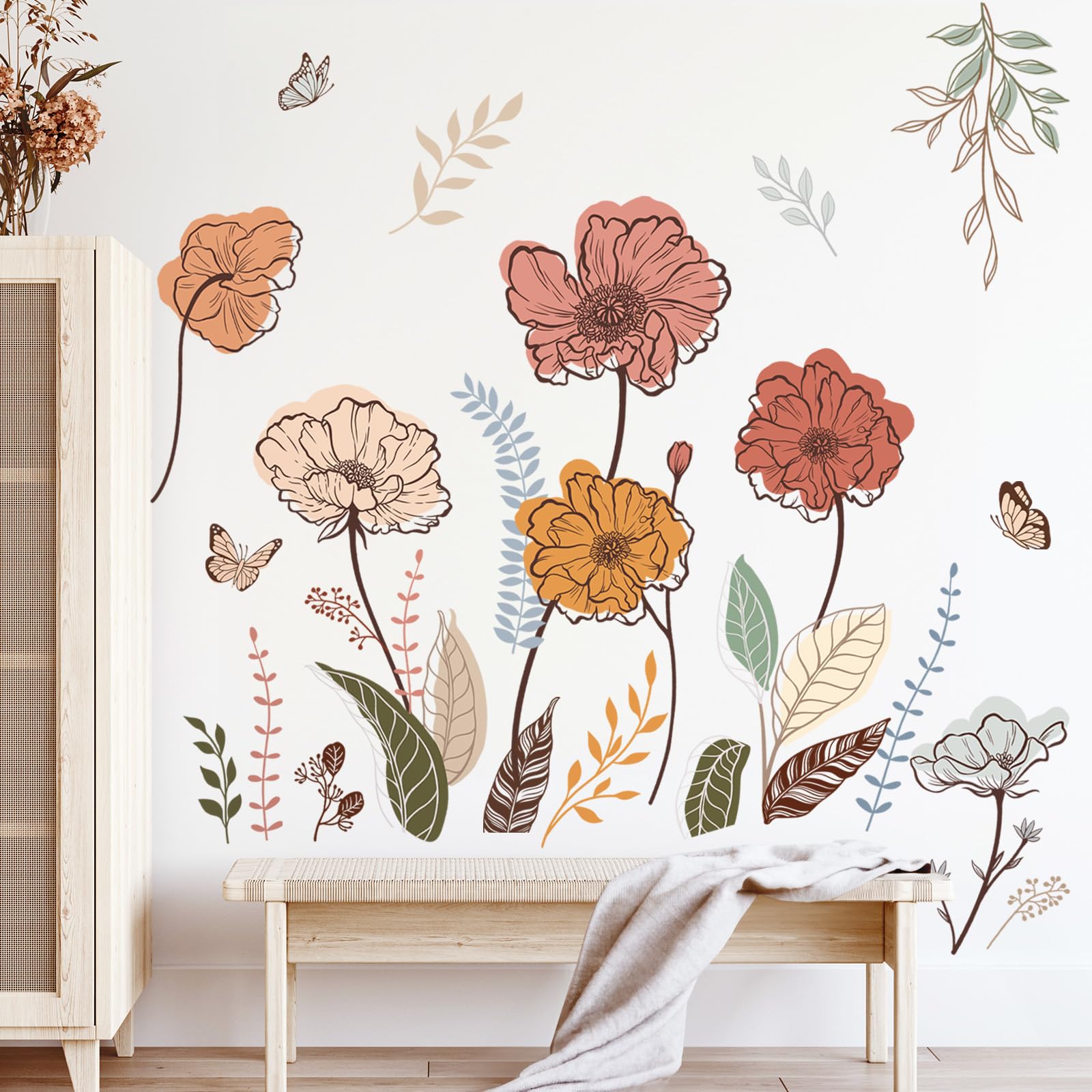 wondever Boho Flower Wall Stickers Wildflower Floral Grass Peel and Stick Wall Art Decals for Living Room Bedroom TV Wall