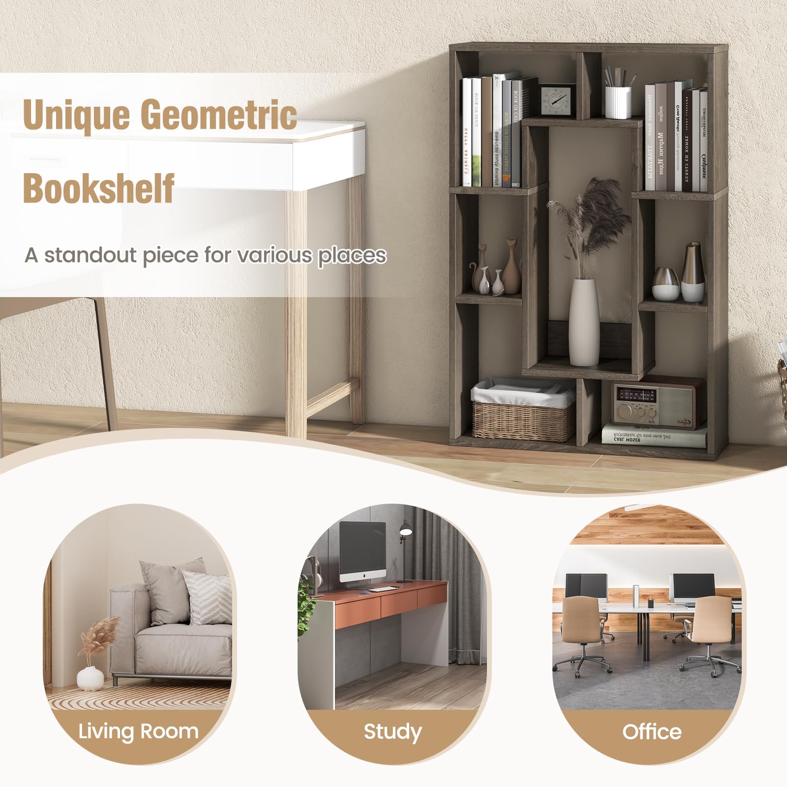 Giantex 7-Cube Book Shelf, Freestanding Wooden Bookcase w/Anti-Tipping Kits, Geometric Open Cube Storage Organizer w/Display Rack, Modern Rectangular Bookshelf for Living Room, Kids Room, Gray