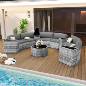 vonzoy patio sectional furniture outdoor 11-piece grey rattan curved sofa set with storage table,pillows,fit for pool backyard balcony porch lawn(grey)