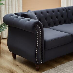 Merax L-Shaped 83.5-inch Sofa Couch, Luxury Classic Chesterfield Velvet Corner Sofa, Button Tufted Upholstered Sectional Corner Sofa with 3 Pillows and Solid Wood Gourd Legs, Black