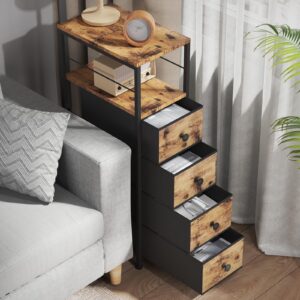 YBING Narrow Side Tables for Small Spaces, Slim Dresser with 4 Fabric Drawers, Small Chest of Drawers, Skinny Nightstand,Wood Brown