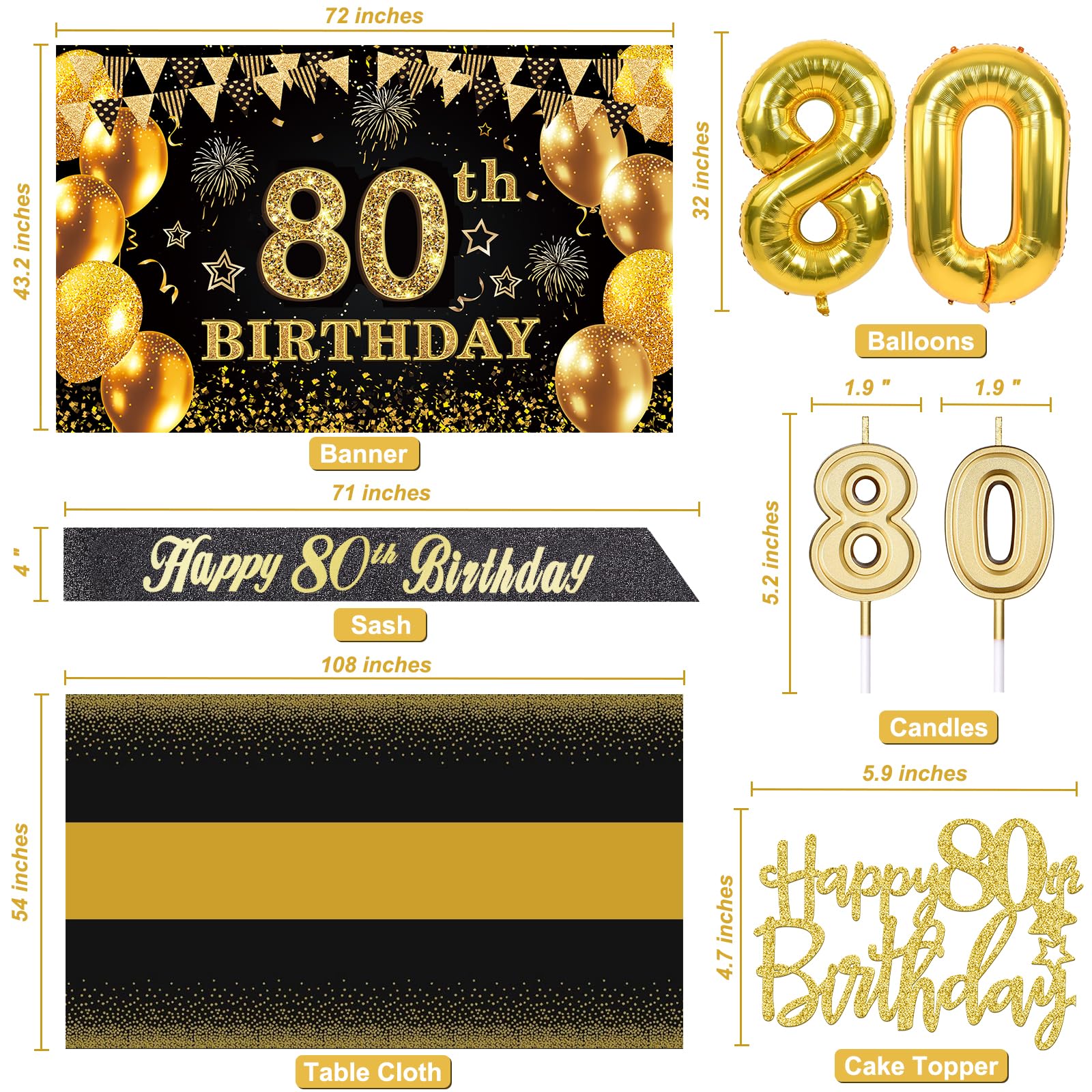 80th Birthday Decorations Men Women with 80th Birthday Banner, Black and Gold Table Cloth, 80 Number Balloons, 80th Birthday Sash, 80th Birthday Cake Topper and 80th Birthday Candles