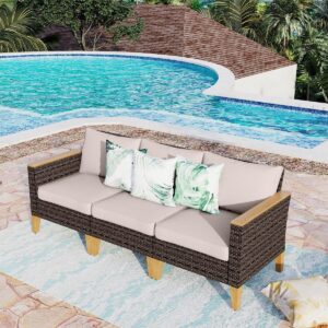 mfstudio 3 pieces wicker patio furniture set, outdoor rattan 3-seater patio sofa set patio conversation couch set for garden, poolside, backyard(beige cushions)