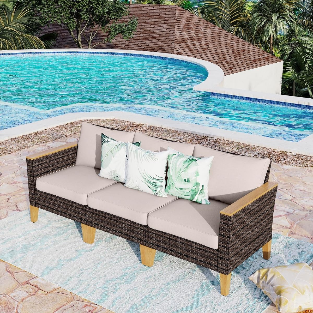 MFSTUDIO 3 Pieces Wicker Patio Furniture Set, Outdoor Rattan 3-Seater Patio Sofa Set Patio Conversation Couch Set for Garden, Poolside, Backyard(Beige Cushions)