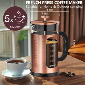 TECOHORS French Press Coffee Maker 34oz / 1 Quart 304 Stainless Steel Coffee Press,with 4 Filters System, Heat Resistant Thickness Borosilicate Glass, Brewed Coffee Pot (Copper)