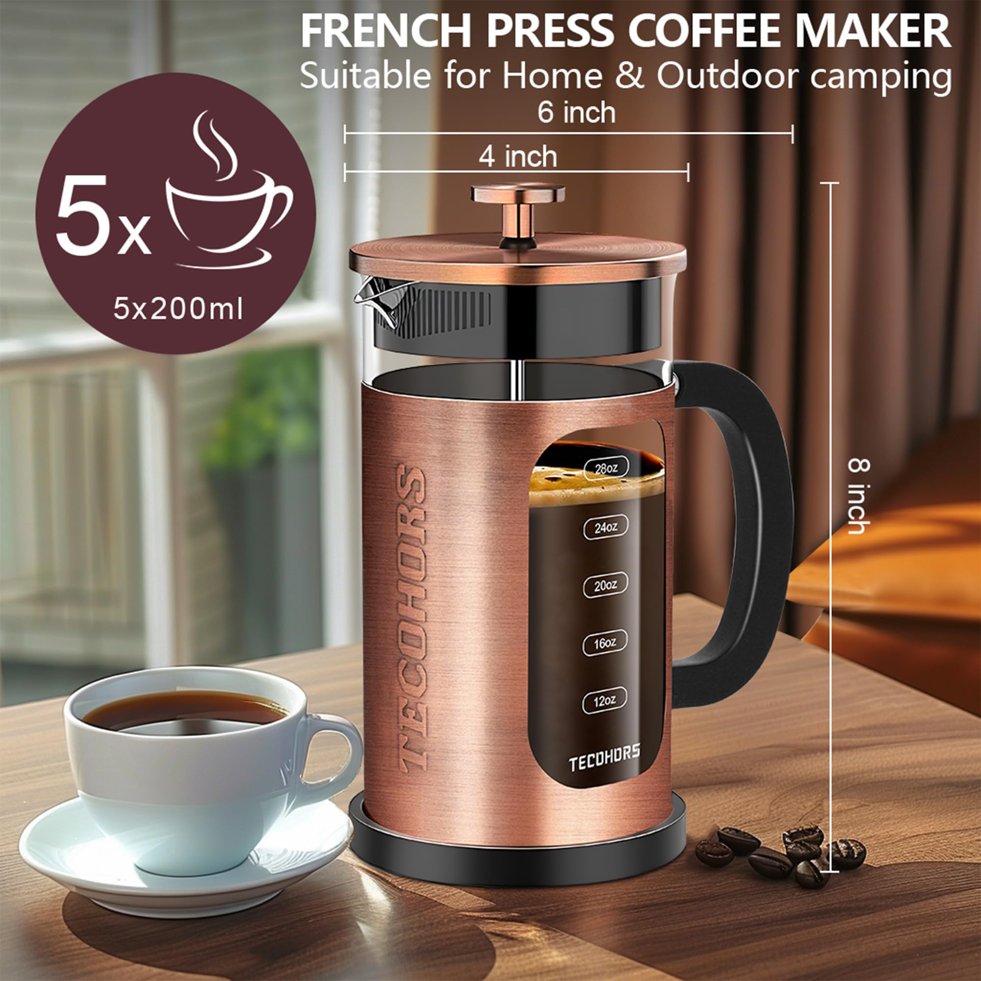 TECOHORS French Press Coffee Maker 34oz / 1 Quart 304 Stainless Steel Coffee Press,with 4 Filters System, Heat Resistant Thickness Borosilicate Glass, Brewed Coffee Pot (Copper)