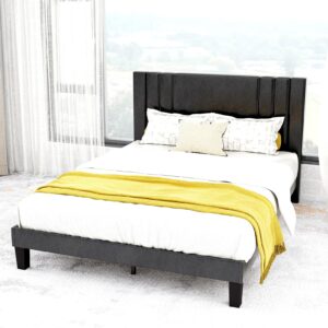 Queen Size Bed Frame, Faux Leather Upholstered Platform with Headboard (Black, Queen (U.S. Standard))