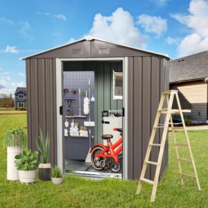 Tzou Outdoor Metal Storage Shed with Window 8ft x 4ft Aluminum Frames Outdoor Storing Tools for Patio Lawn Backyard Trash Cans Grey One Size