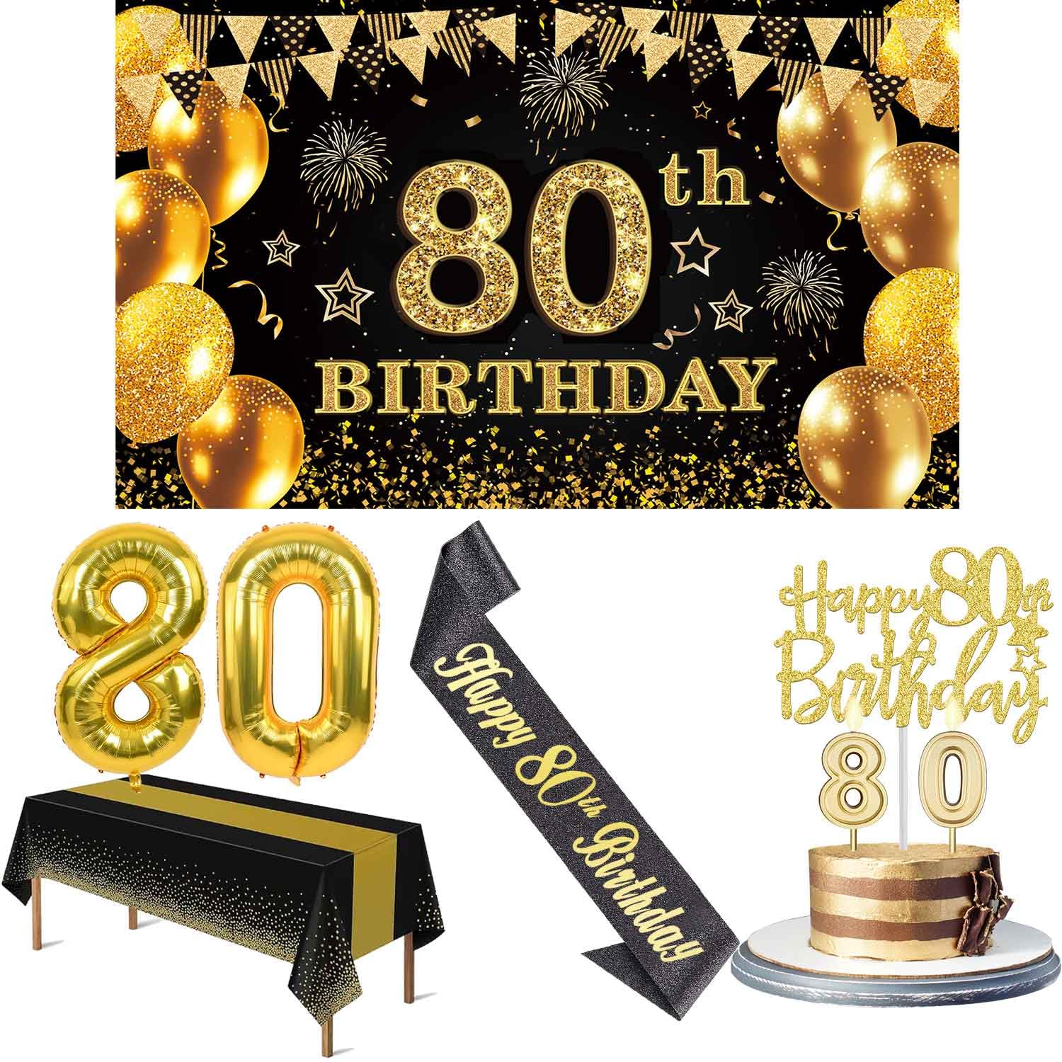 80th Birthday Decorations Men Women with 80th Birthday Banner, Black and Gold Table Cloth, 80 Number Balloons, 80th Birthday Sash, 80th Birthday Cake Topper and 80th Birthday Candles