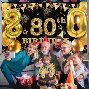 80th Birthday Decorations Men Women with 80th Birthday Banner, Black and Gold Table Cloth, 80 Number Balloons, 80th Birthday Sash, 80th Birthday Cake Topper and 80th Birthday Candles