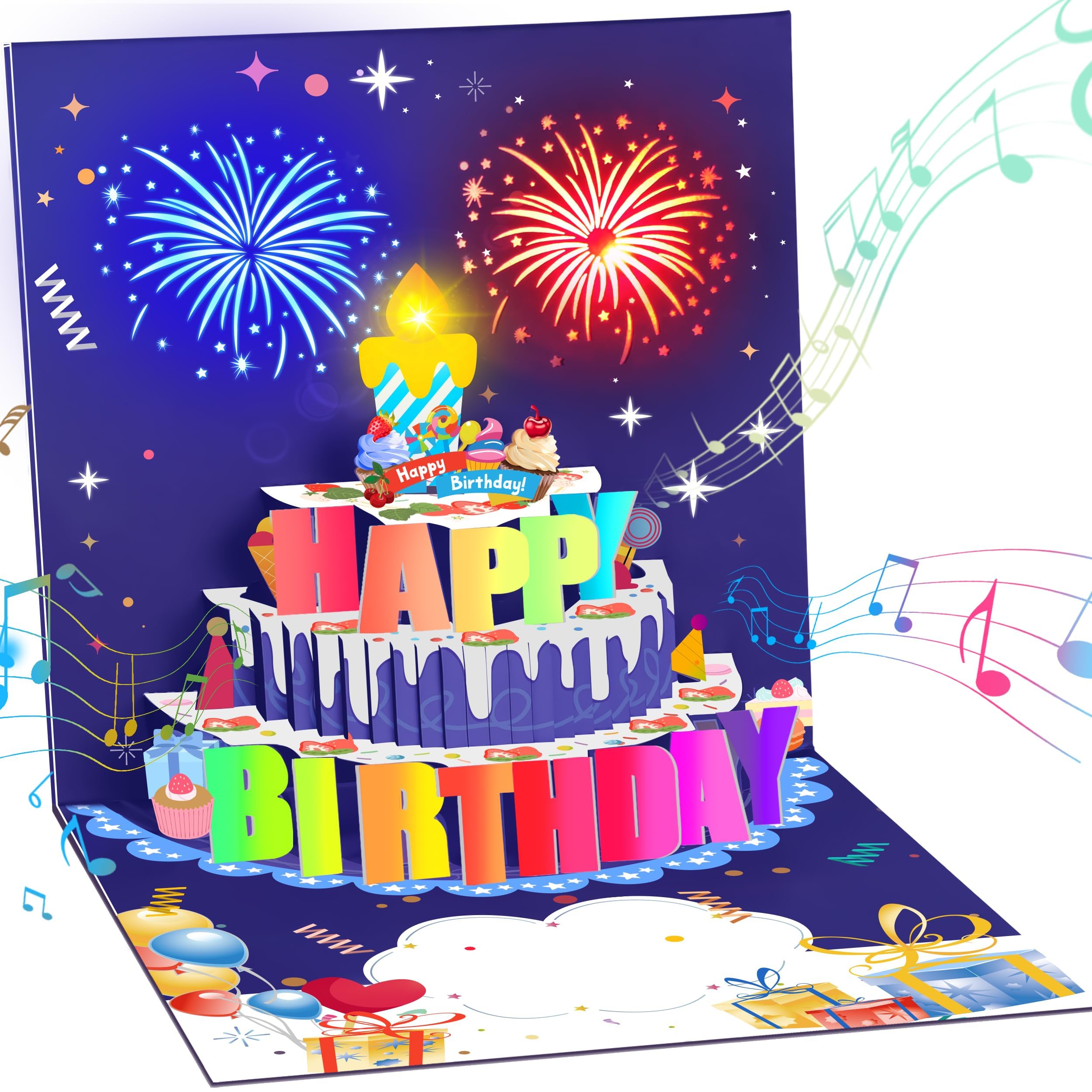 Lupow Pop up Birthday Cards,Musical Happy Birthday Card with Light Up Fireworks,Funny Birthday Gift Card for Women Men Husband Mom Kids Friend Grandpa and Grandma