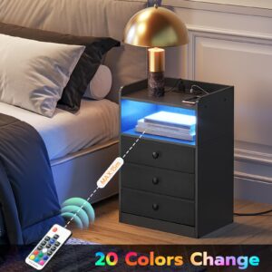 CHOEZON Nightstand with Charging Station and LED Light, Side Table with 3 Fabric Drawers Chest, End Table with USB Ports and Outlet, Bedside Table for Living Room, Bedroom, Black MBZ04UDBB